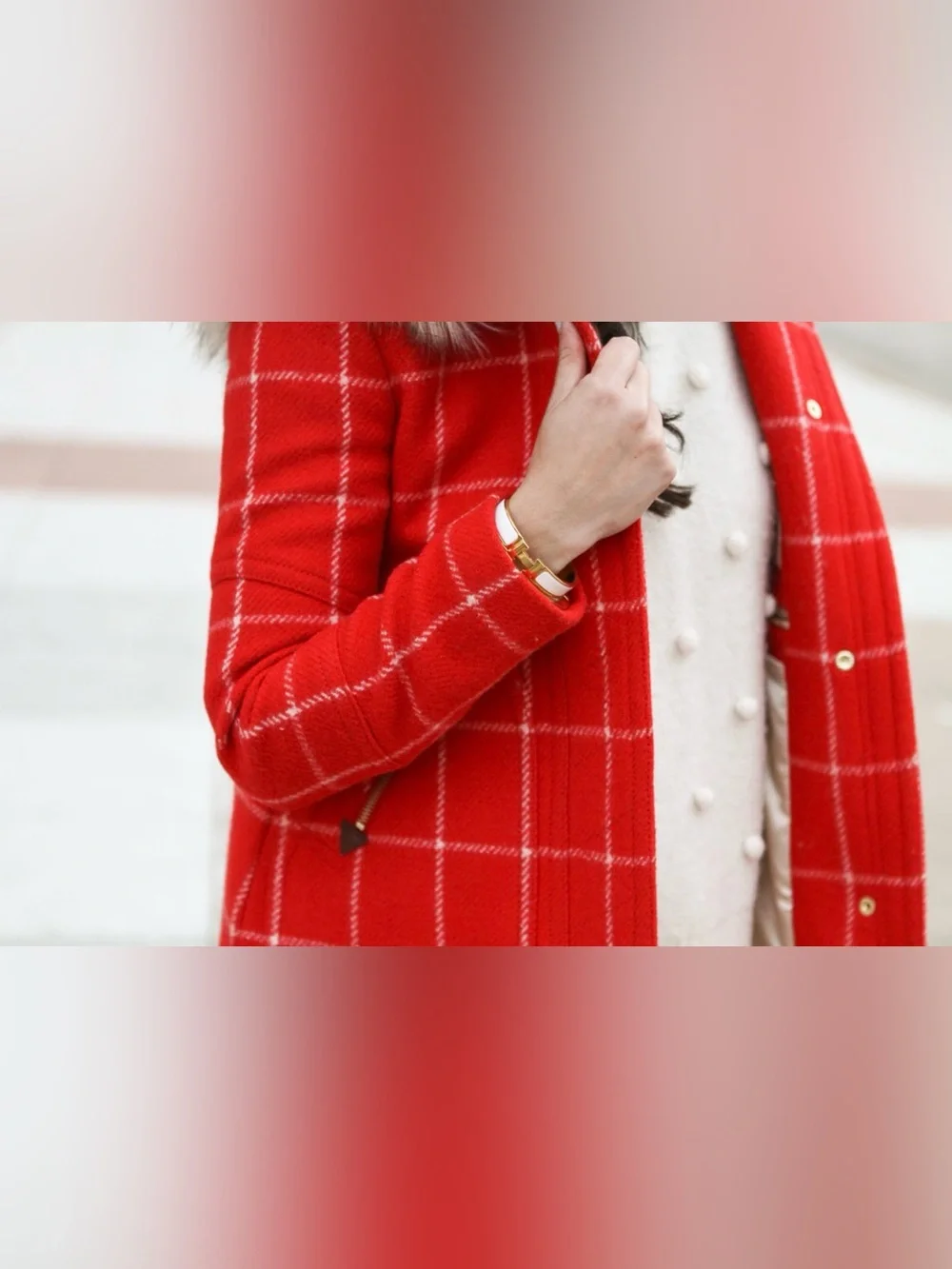 JCrew Chateau Wool Parka Red White Windowpane Plaid Coat w/ Faux Fur Trim Hood 2
